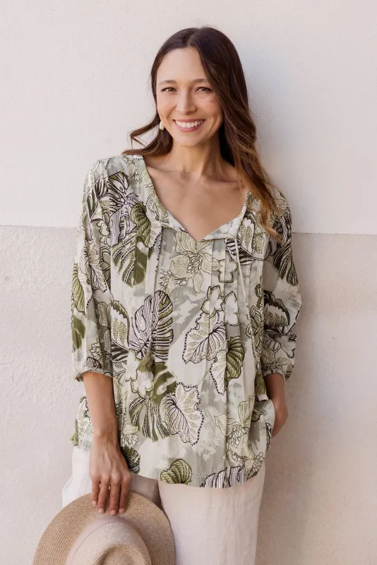 Zita Khaki Tropical Tassel Top sold by Blue Bungalow