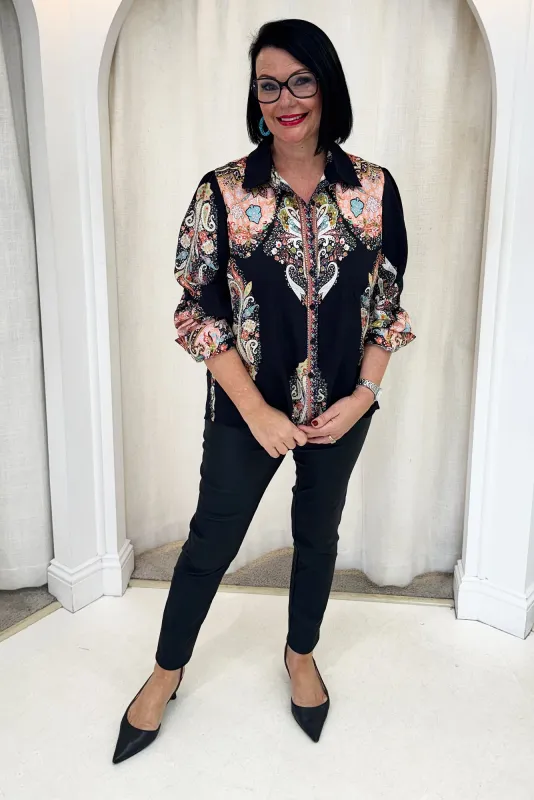 Kiera Black Paisley Cotton Linen Shirt sold by Blue Bungalow