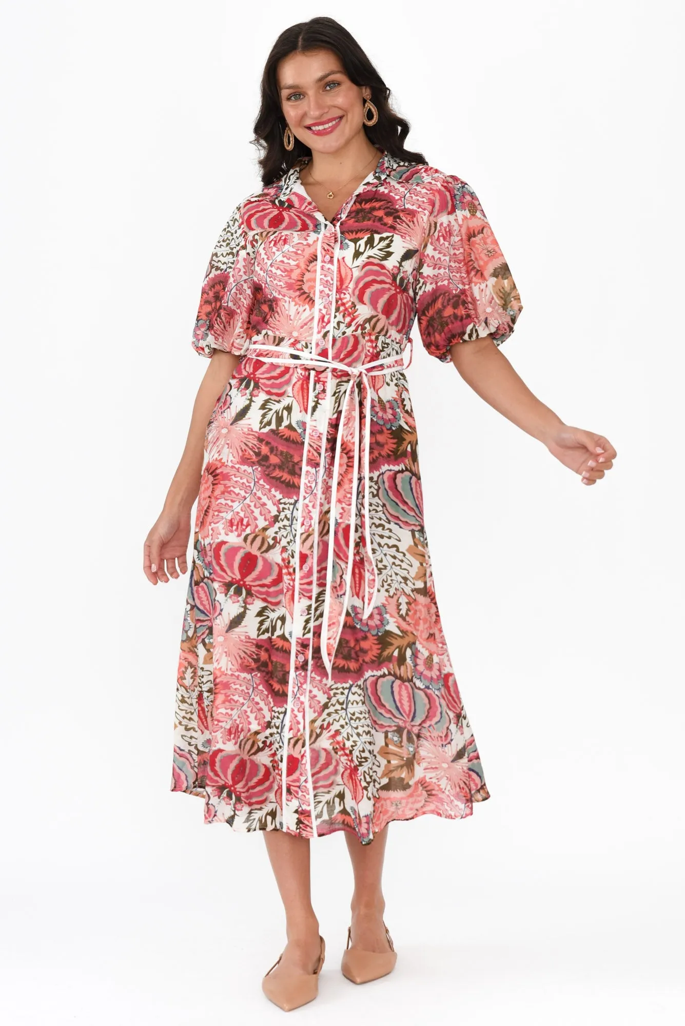 Hilma Pink Floral Cotton Blend Tie Dress sold by Blue Bungalow