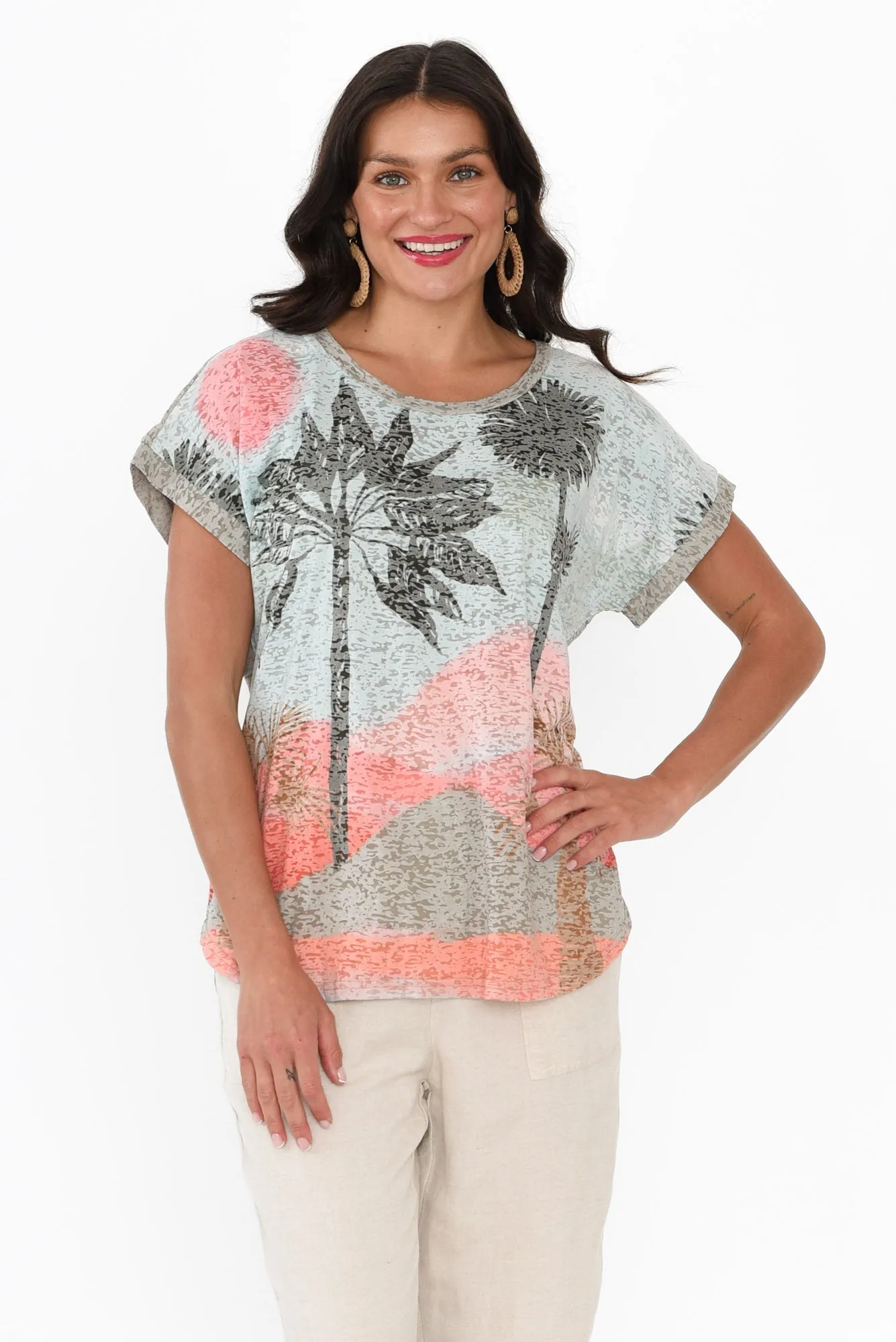 Lainey Khaki Palm Cotton Blend Tee sold by Blue Bungalow