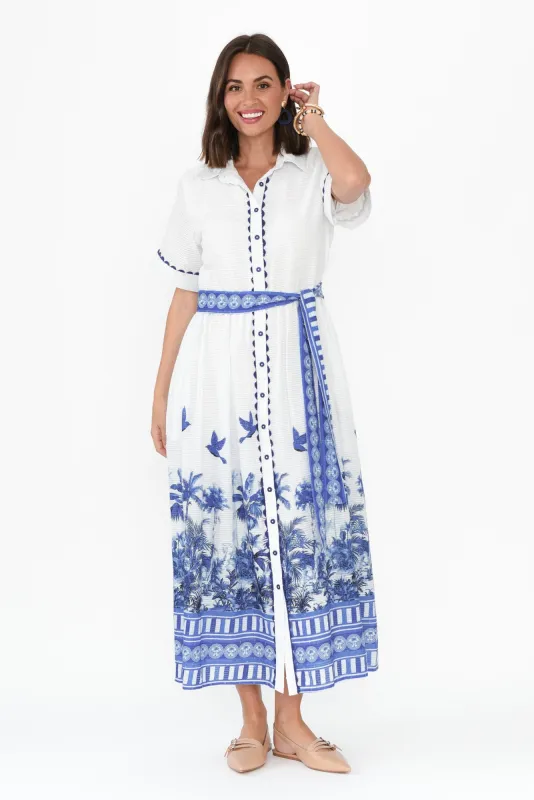Sagara Blue Tropical Cotton Tie Dress sold by Blue Bungalow