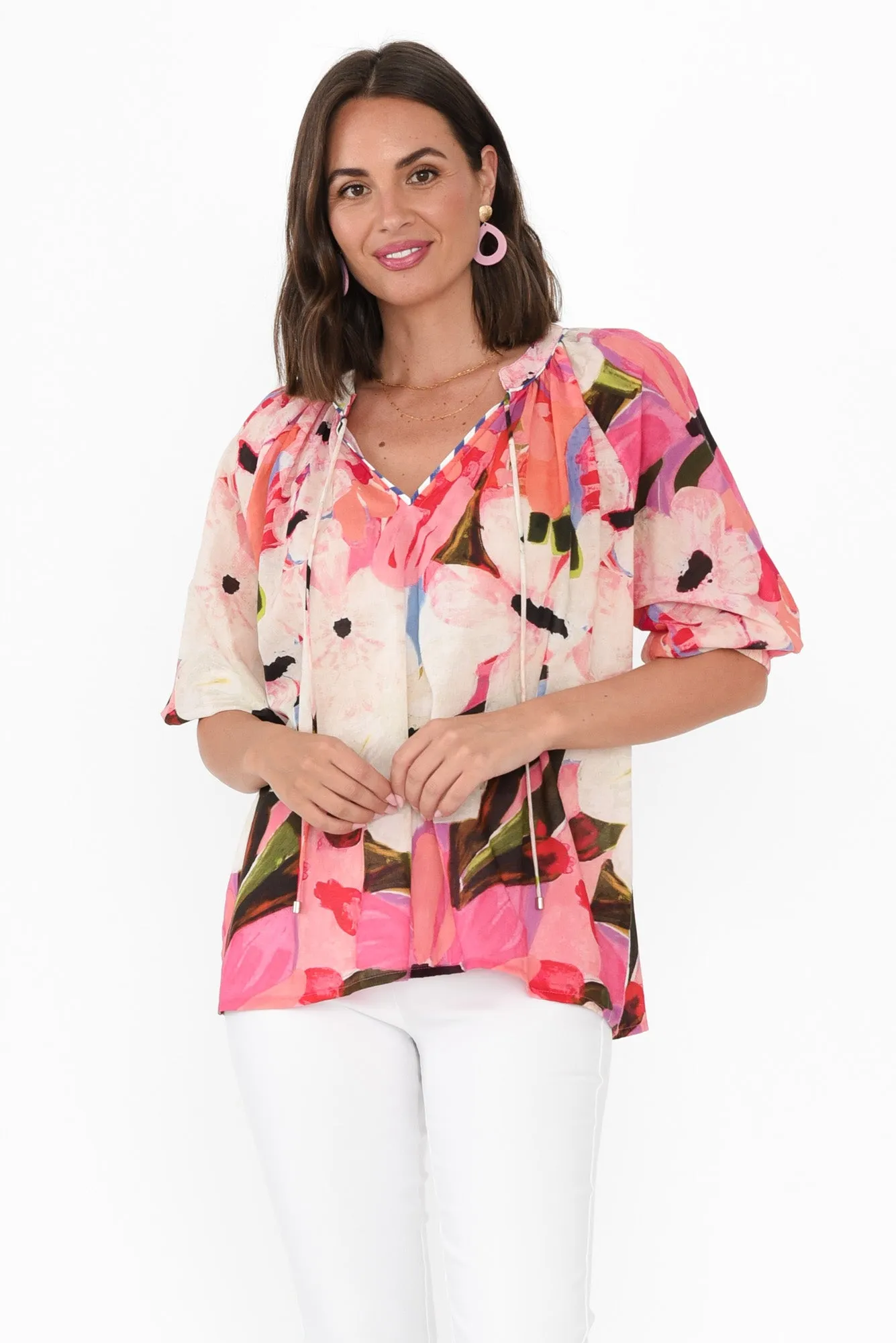 Kath Pink Floral Cotton Tie Top sold by Blue Bungalow