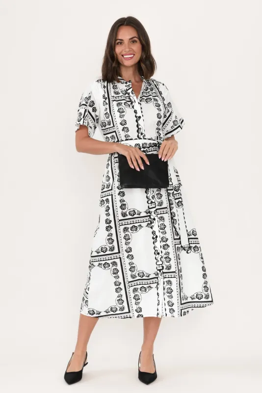 Marilyn White Tile Cotton Tie Dress sold by Blue Bungalow