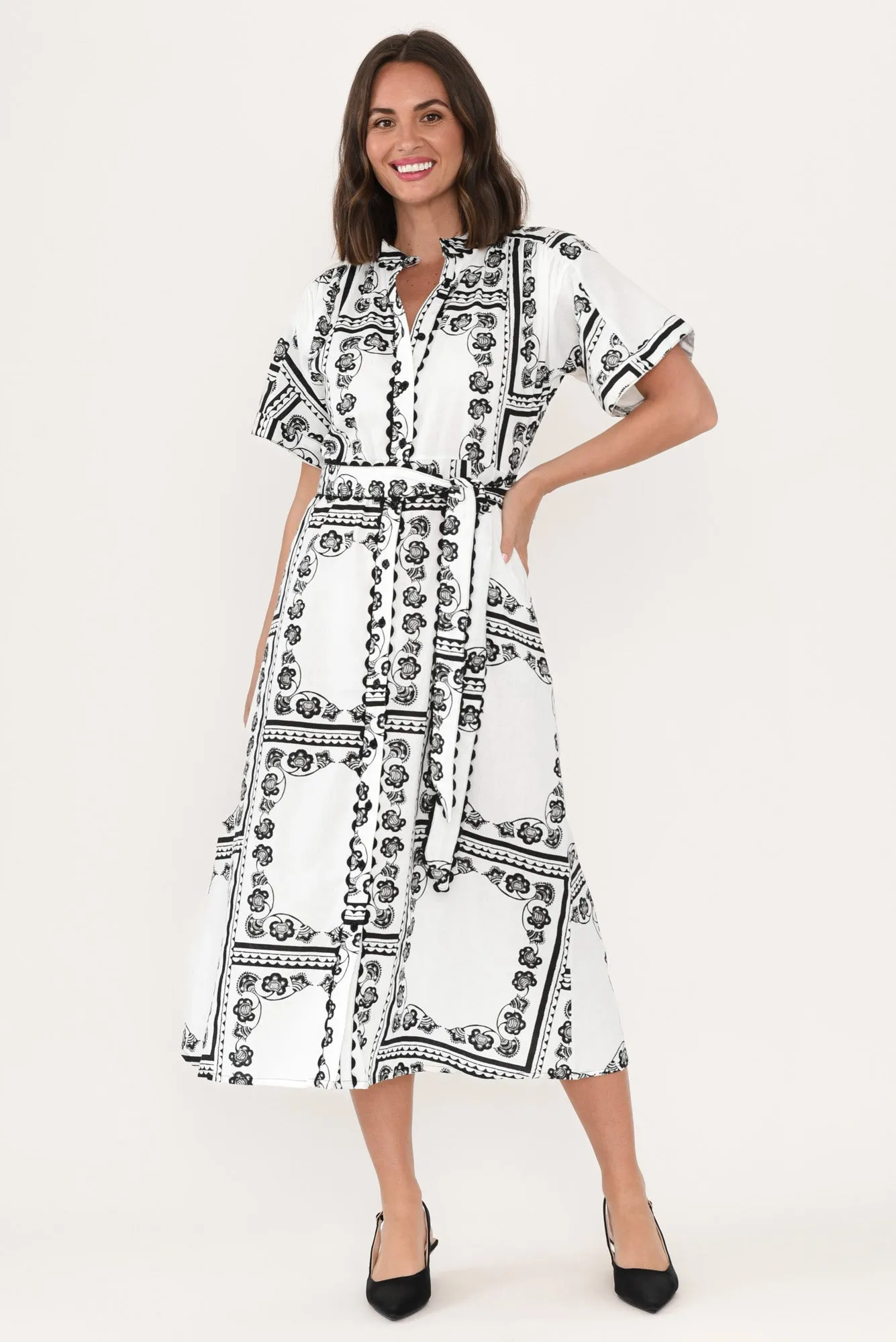 Marilyn White Tile Cotton Tie Dress sold by Blue Bungalow product image thumbnail 2