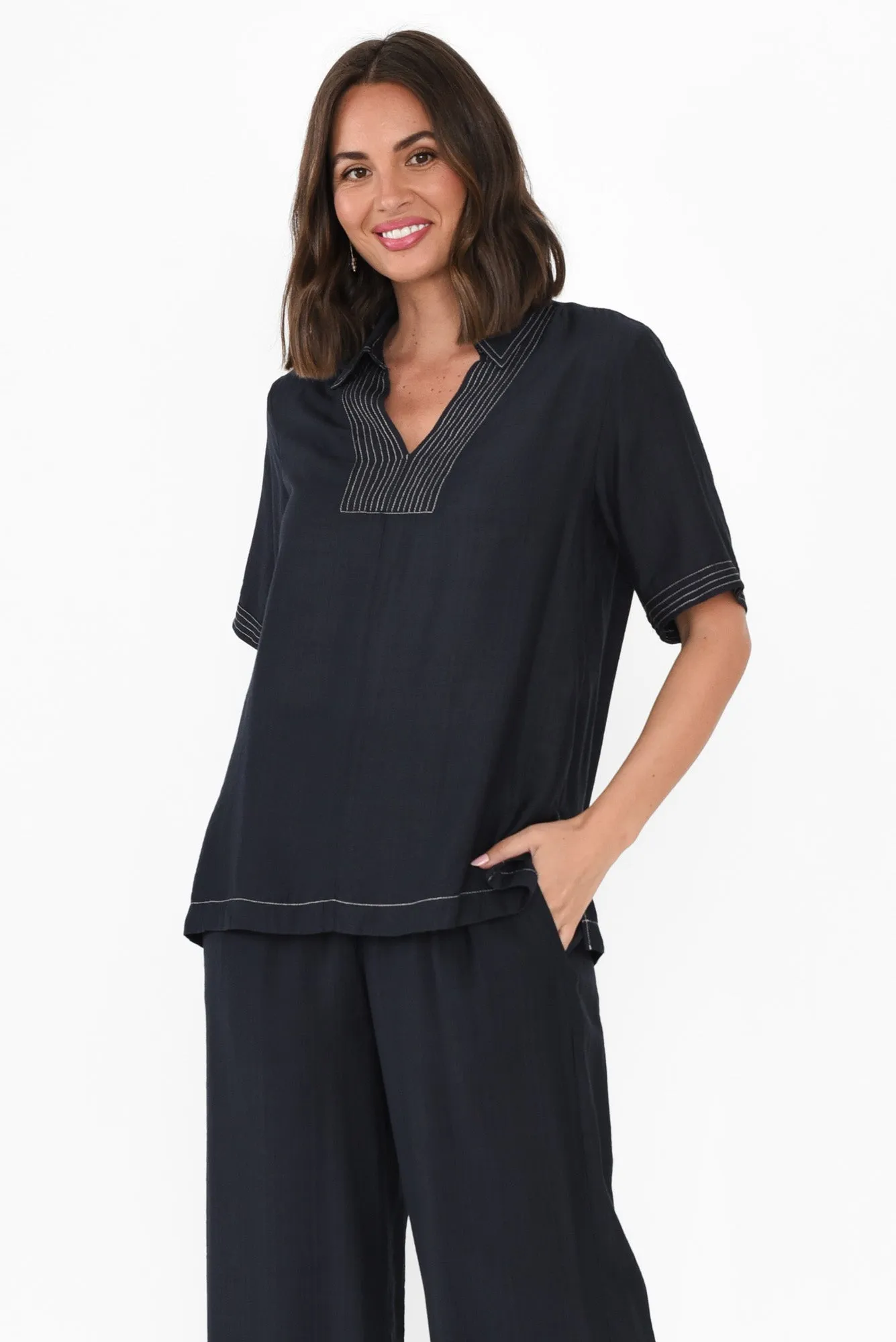Rhianna Navy Contrast Collared Top sold by Blue Bungalow