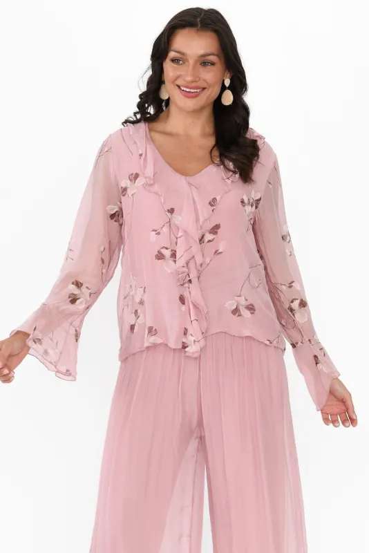 Ruth Pink Floral Silk Frill Top sold by Blue Bungalow