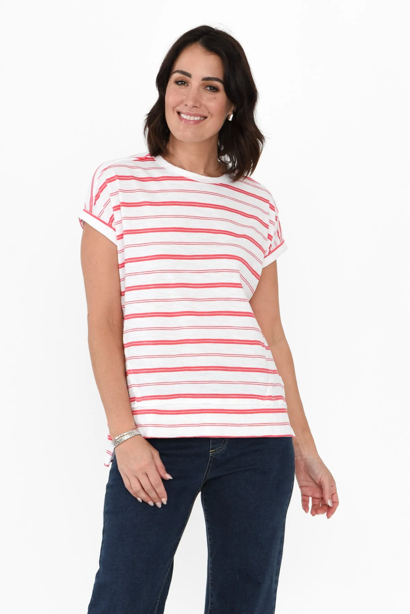 Shirley Coral Stripe Cotton Tee sold by Blue Bungalow