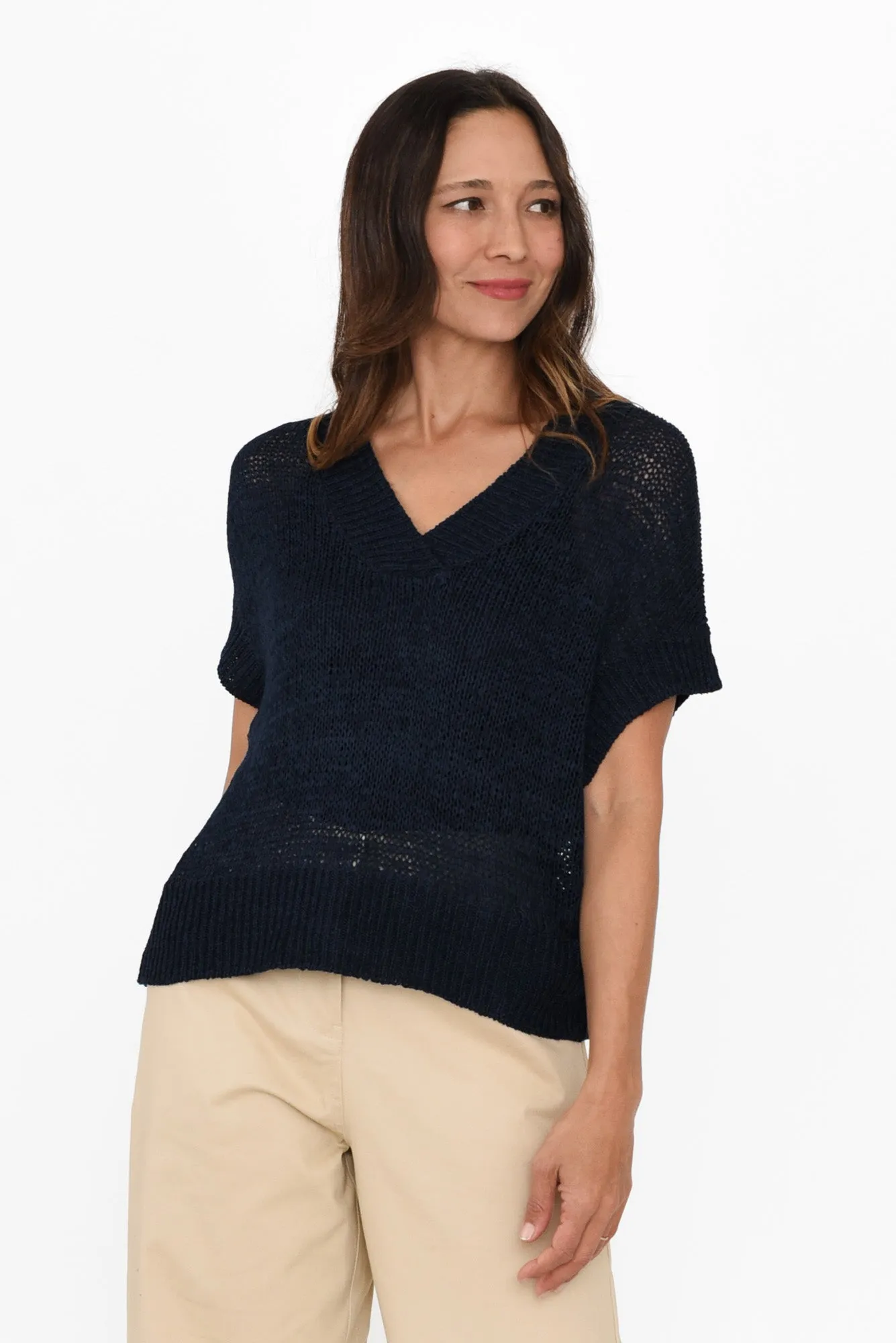 Elba Navy Knit V Neck Top sold by Blue Bungalow