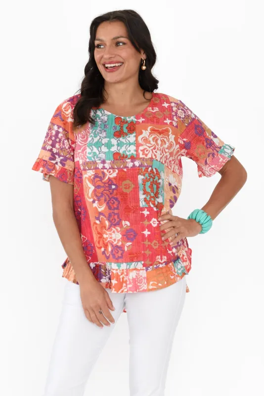 Edda Red Mosaic Cotton Frill Top sold by Blue Bungalow