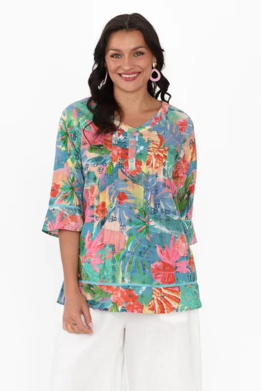 Frieda Blue Tropical Cotton Top sold by Blue Bungalow