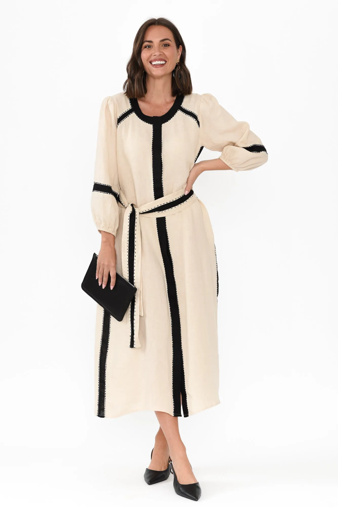 Carolina Cream Contrast Linen Tie Dress sold by Blue Bungalow