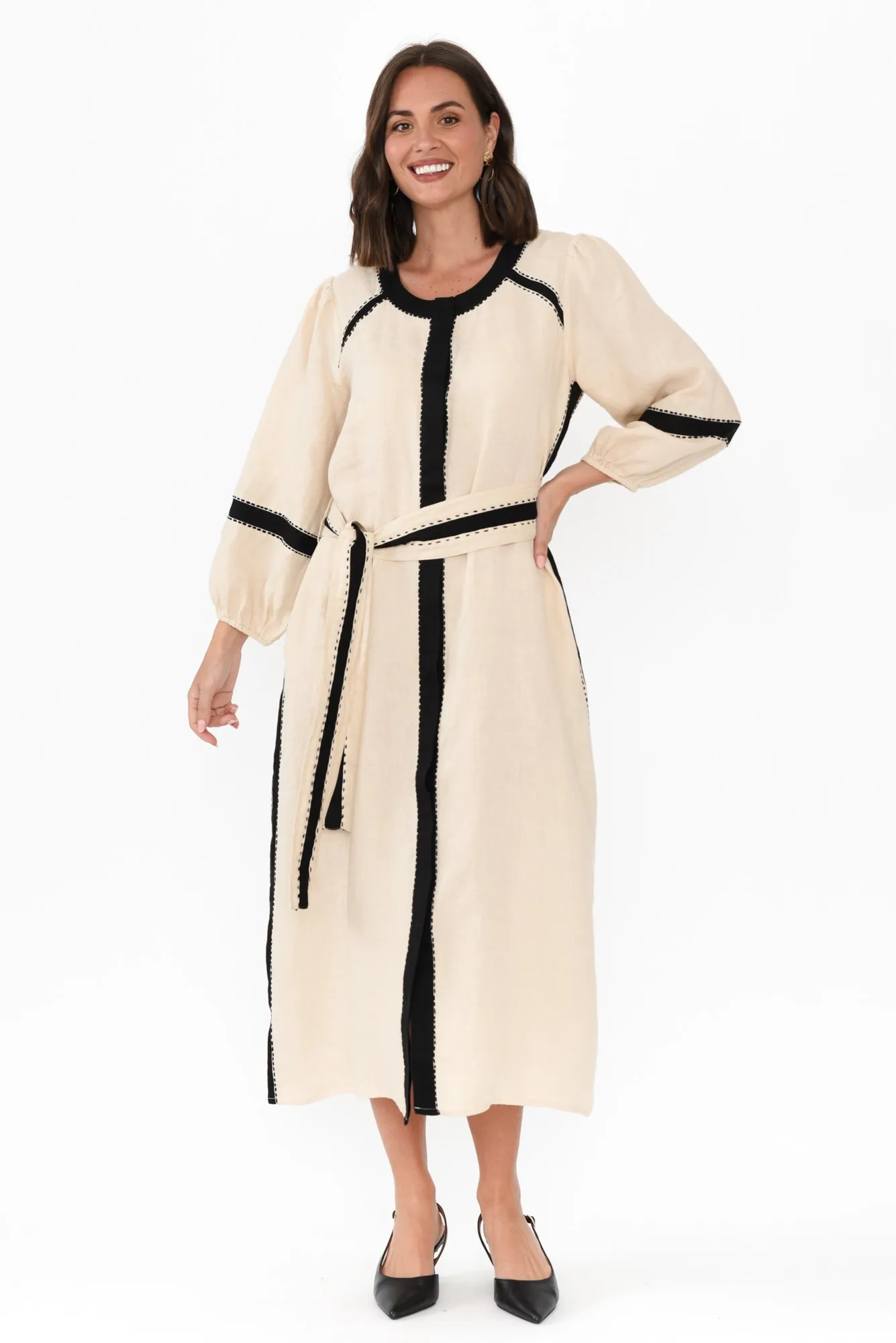 Carolina Cream Contrast Linen Tie Dress sold by Blue Bungalow product image thumbnail 2