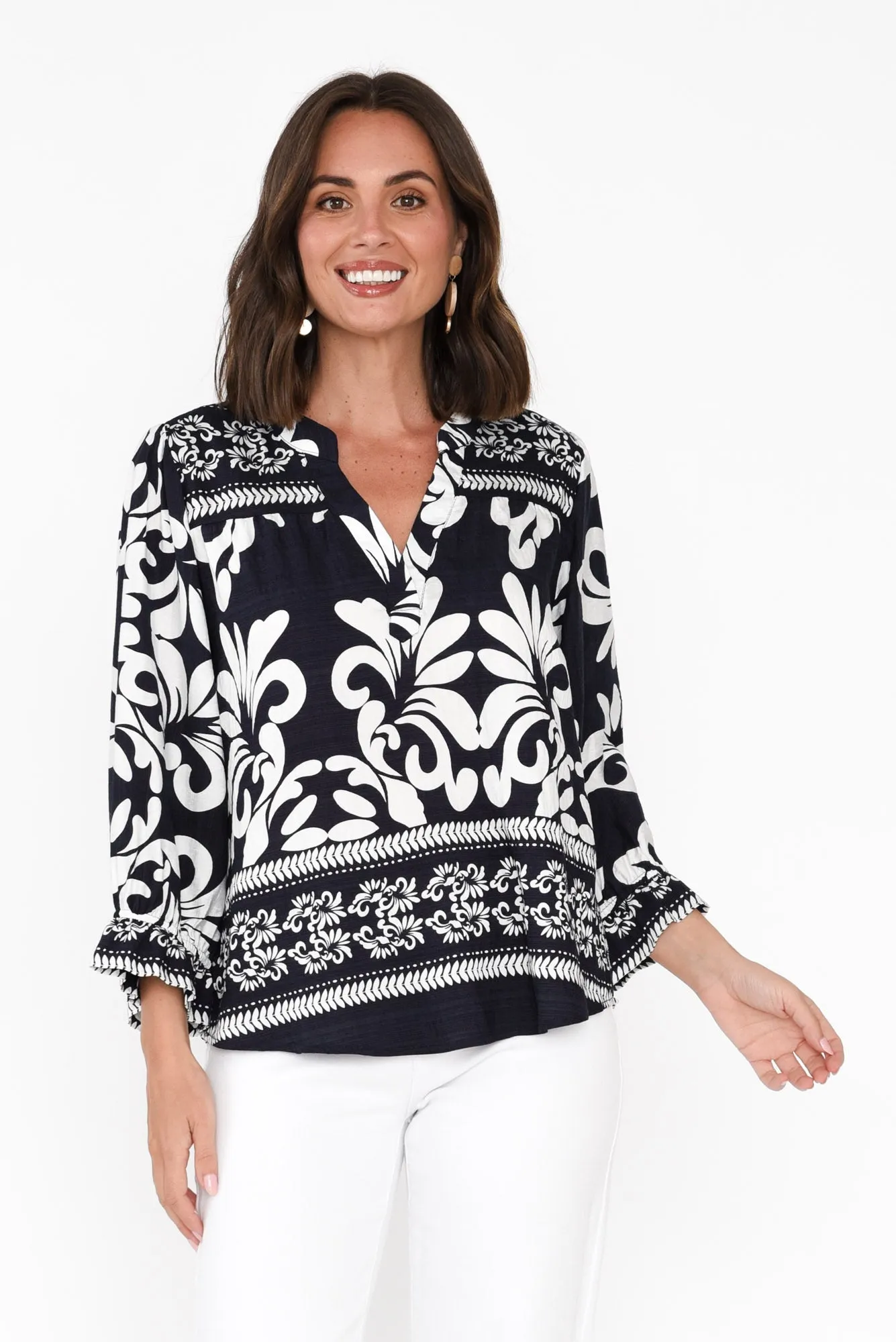 Shanice Navy Abstract Sleeved Top sold by Blue Bungalow