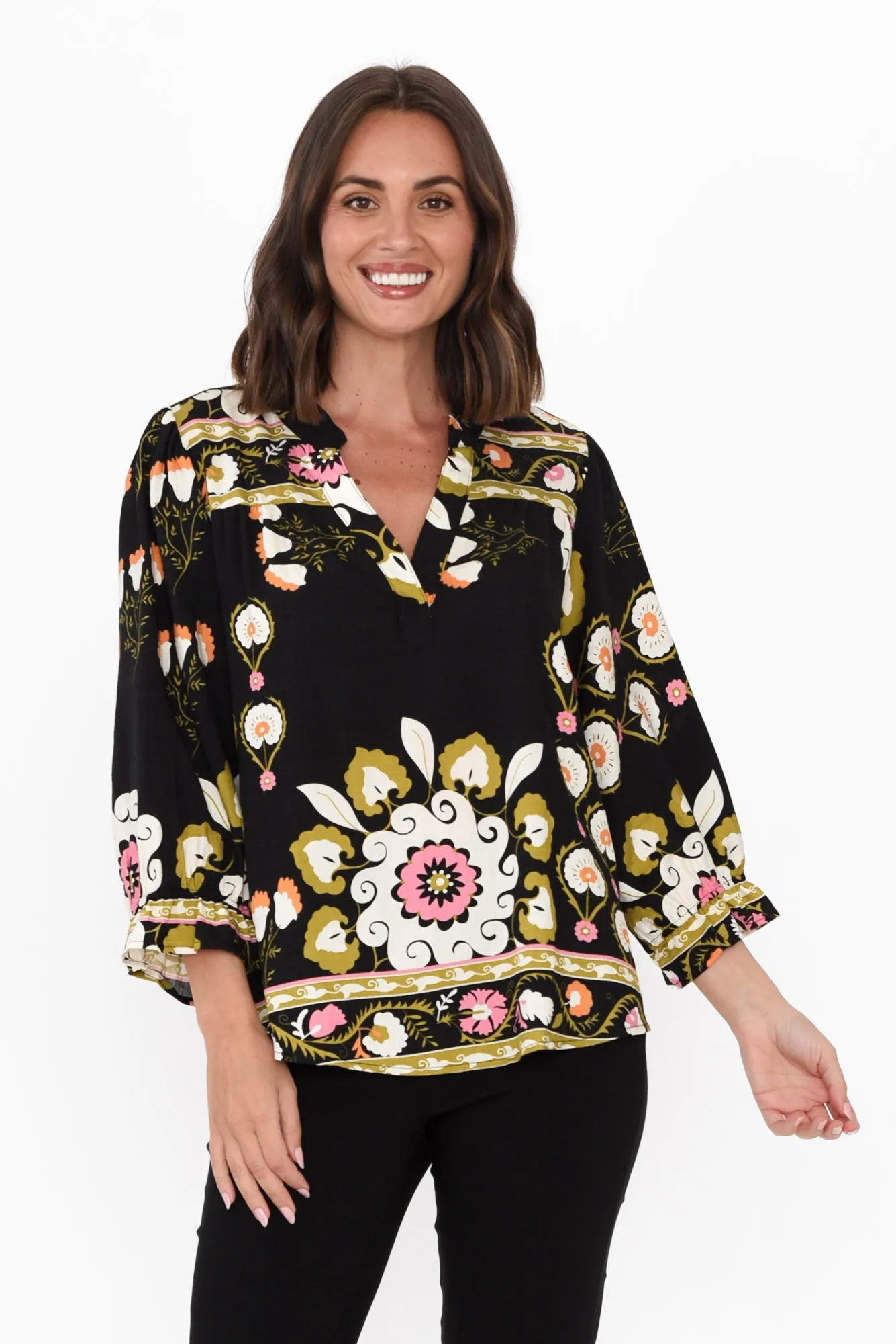 Shanice Black Floral Sleeved Top sold by Blue Bungalow