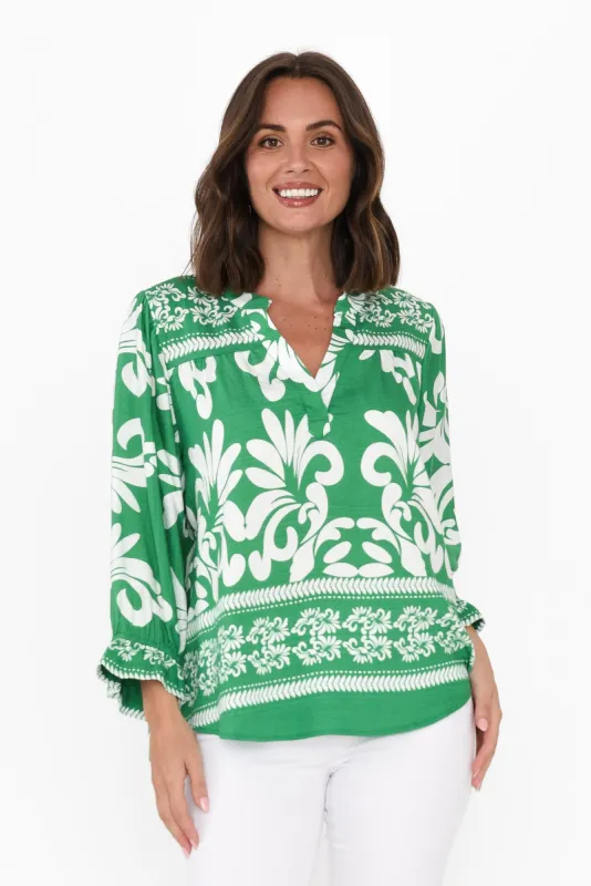Shanice Green Abstract Sleeved Top sold by Blue Bungalow