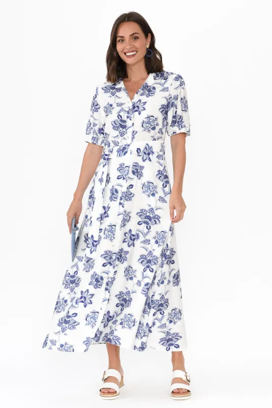 Ingrid Blue Floral Linen Cotton Dress sold by Blue Bungalow