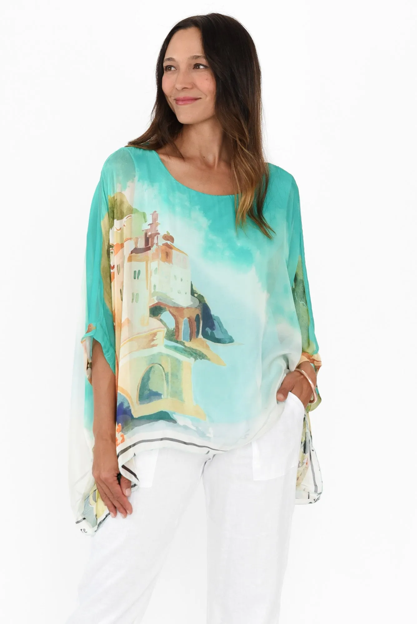 Paxos Blue Vista Silk Overlay Top sold by Blue Bungalow