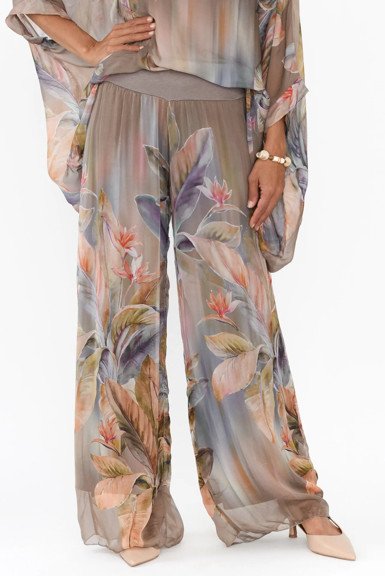 Figaro Taupe Tropical Silk Pants sold by Blue Bungalow