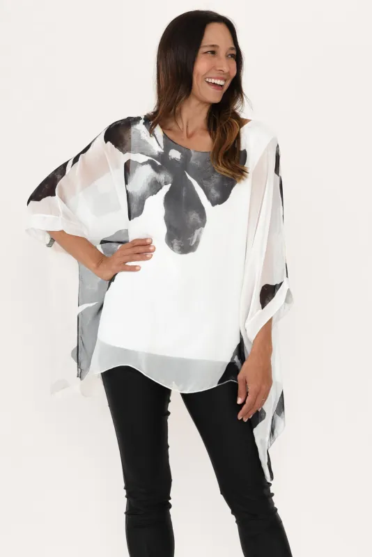 Paxos White Flower Silk Overlay Top sold by Blue Bungalow