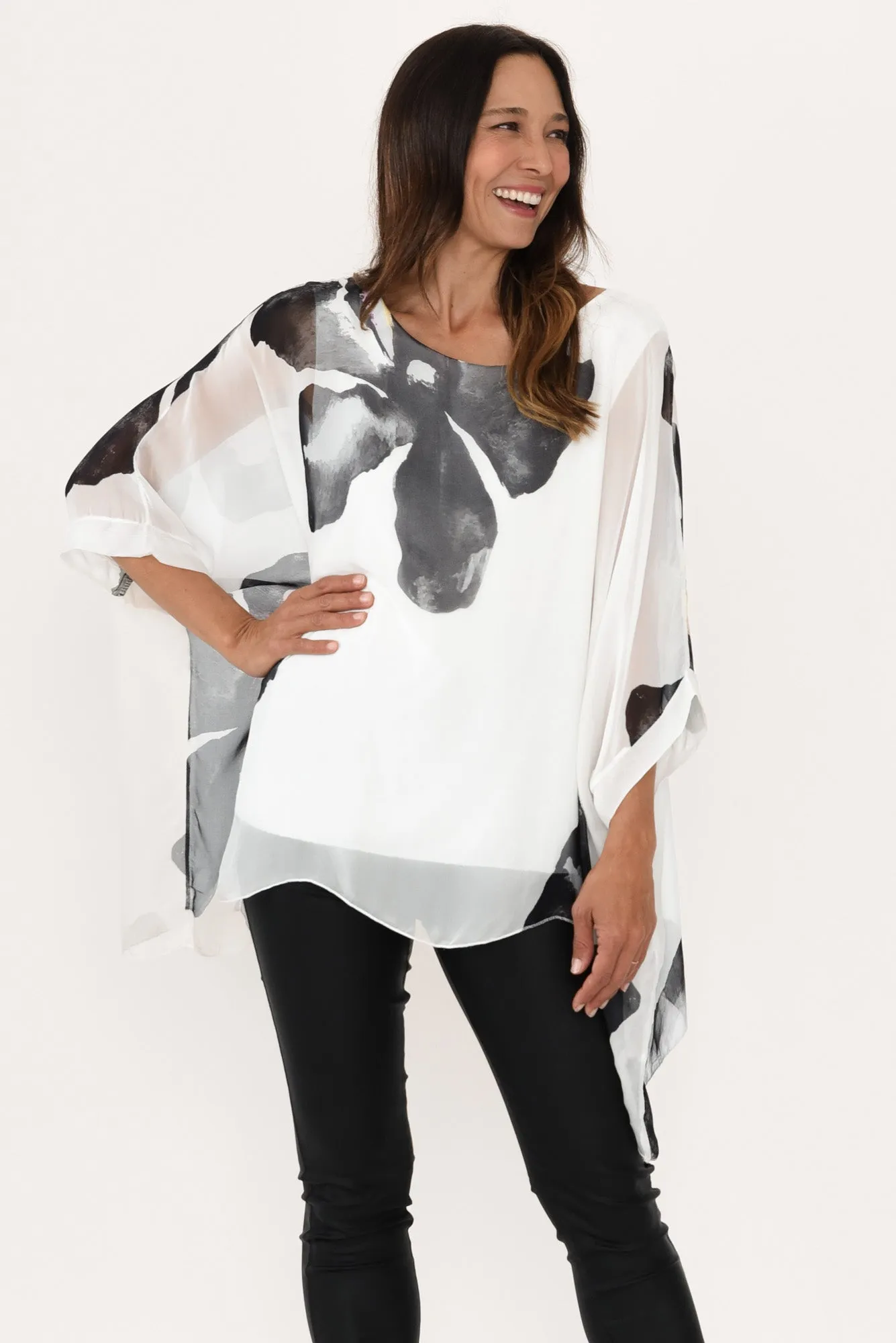 Paxos White Flower Silk Overlay Top sold by Blue Bungalow