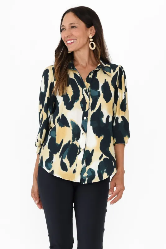 Rowan Cream Abstract Cotton Linen Shirt sold by Blue Bungalow