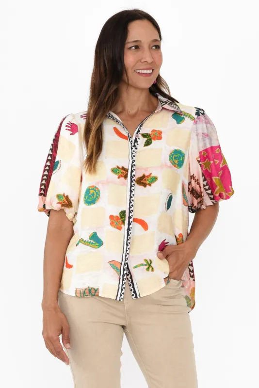 Surat Pink Tile Cotton Linen Shirt sold by Blue Bungalow