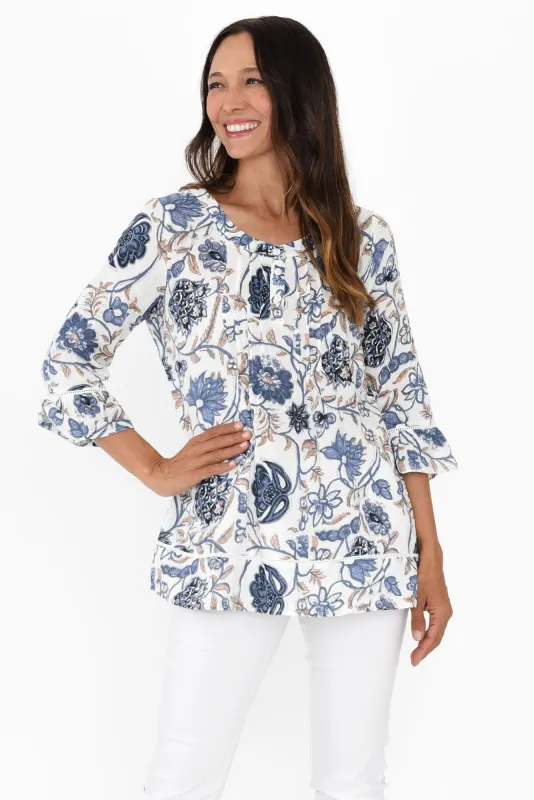 Cassidy Blue Botanical Cotton Sleeved Top sold by Blue Bungalow