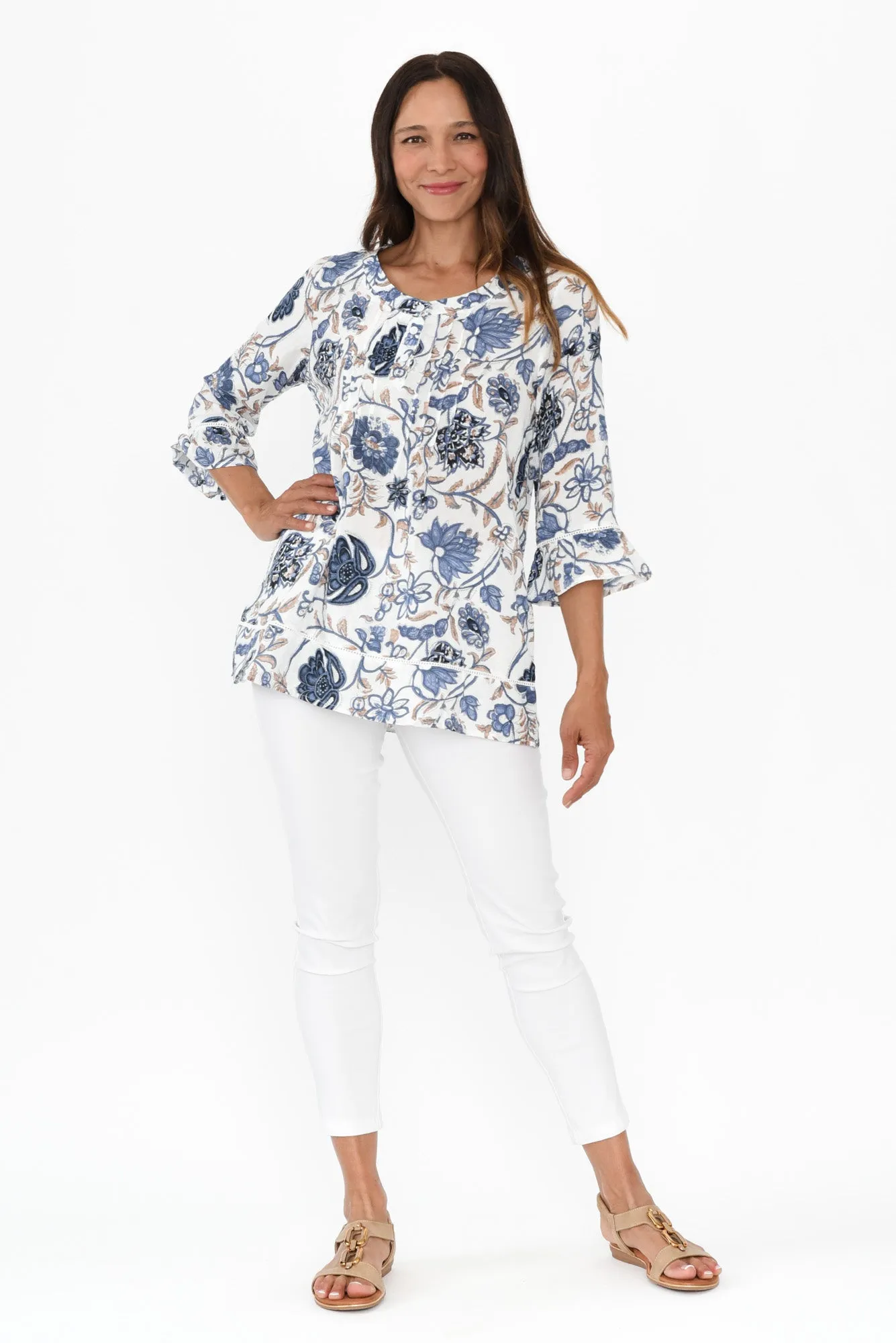Cassidy Blue Botanical Cotton Sleeved Top sold by Blue Bungalow product image thumbnail 2