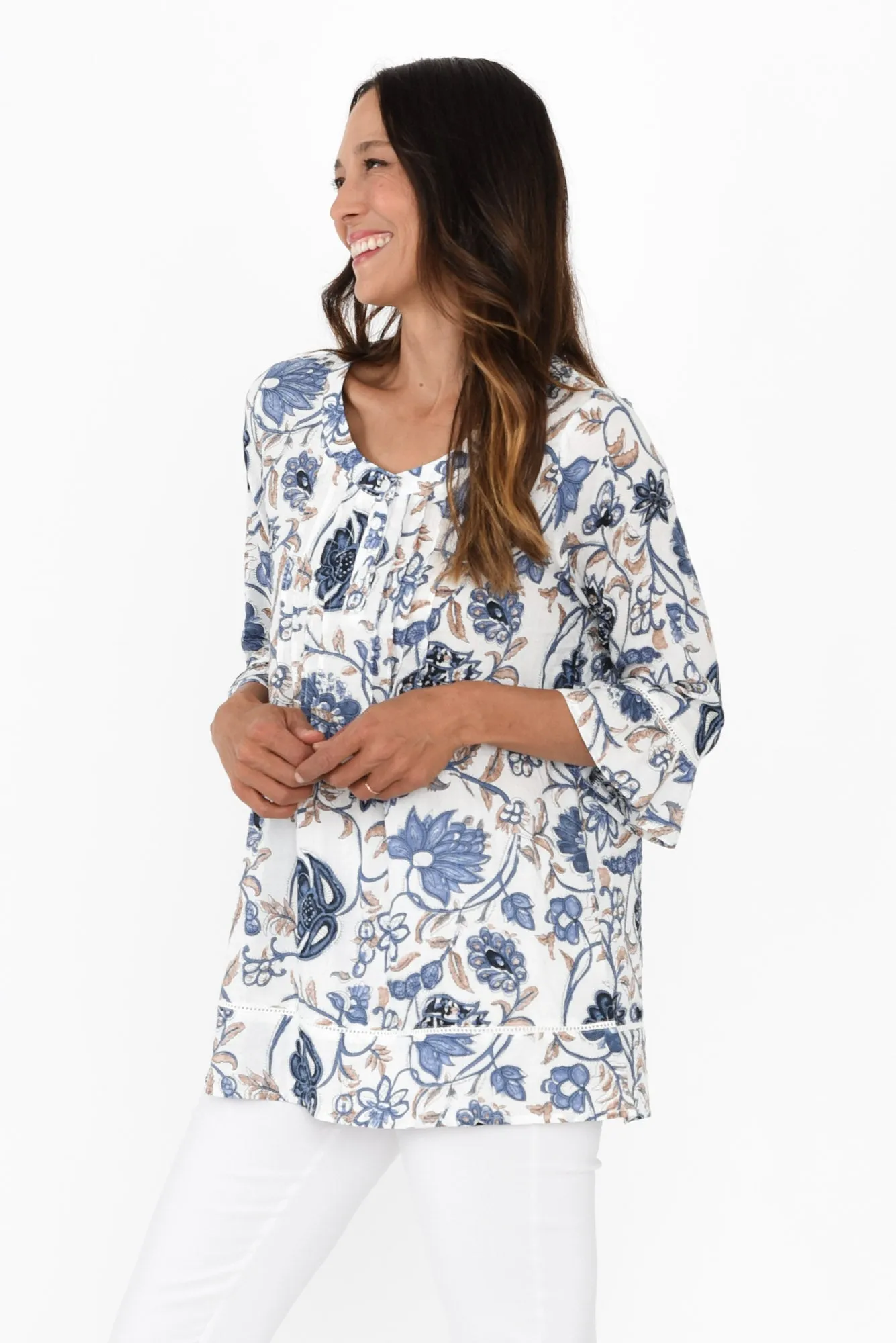 Cassidy Blue Botanical Cotton Sleeved Top sold by Blue Bungalow product image thumbnail 3