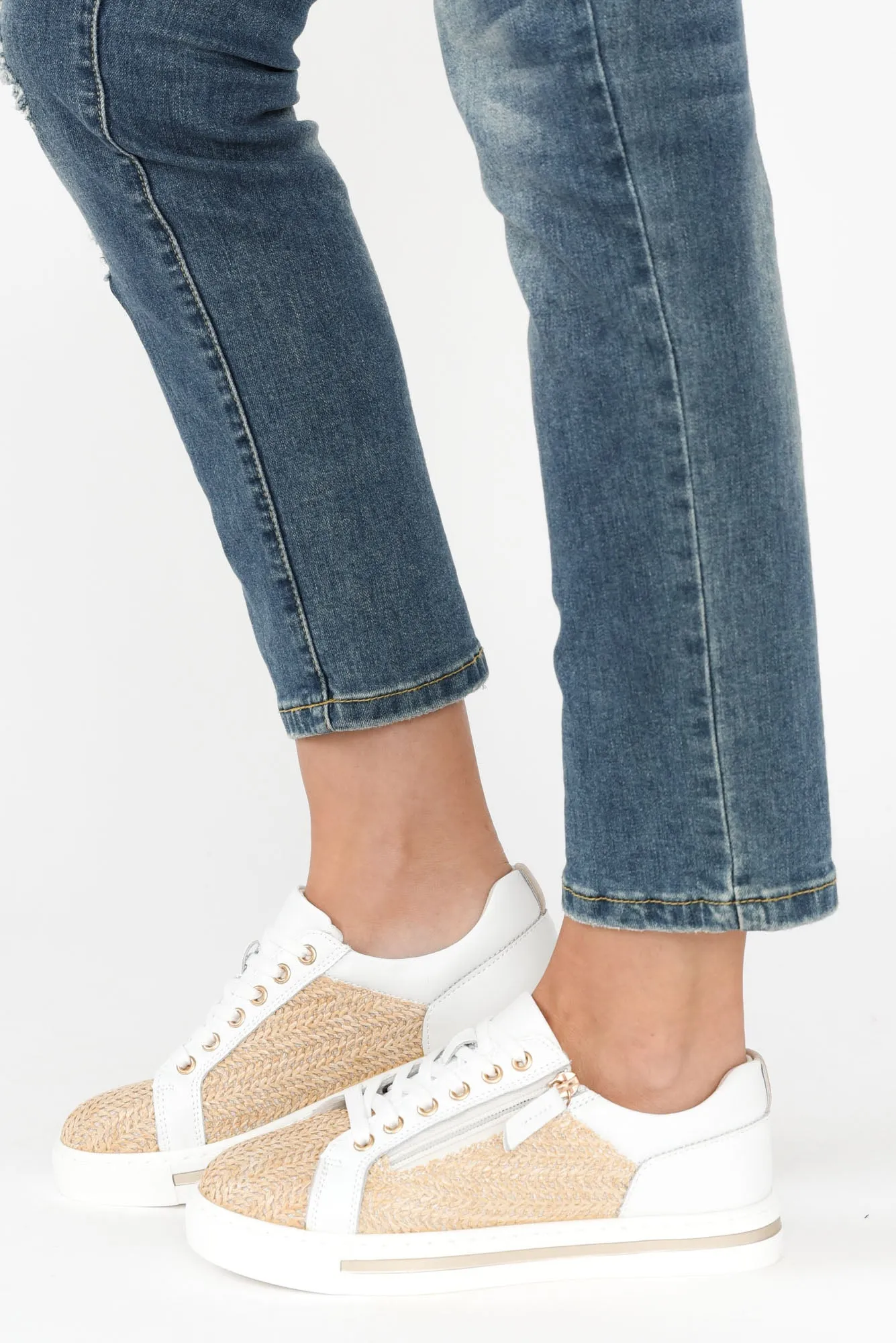 Koko White Raffia Leather Zip Sneaker sold by Blue Bungalow