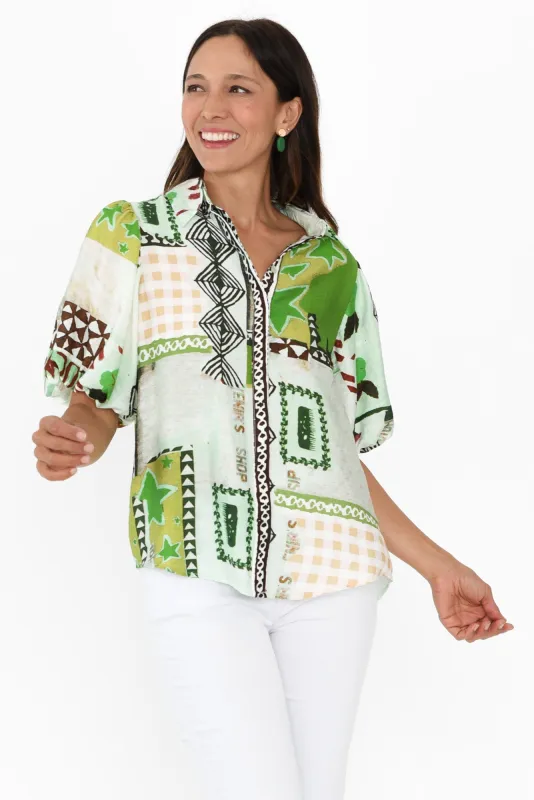 Surat Green Abstract Cotton Linen Shirt sold by Blue Bungalow