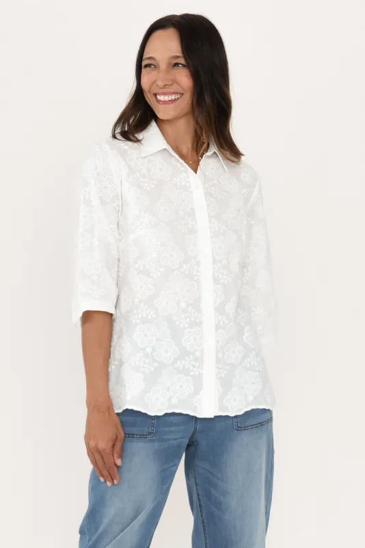 Thea White Flower Embroidered Cotton Shirt sold by Blue Bungalow