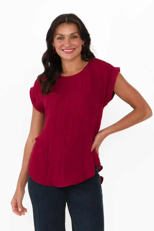 Aiden Dark Red Linen Blend Pocket Top sold by Blue Bungalow