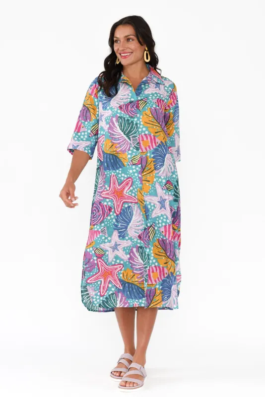 Tricia Blue Reef Cotton Shirt Dress sold by Blue Bungalow