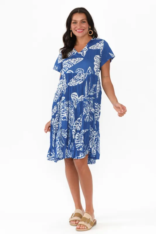 Lania Blue Leaf Crinkle Cotton Dress sold by Blue Bungalow