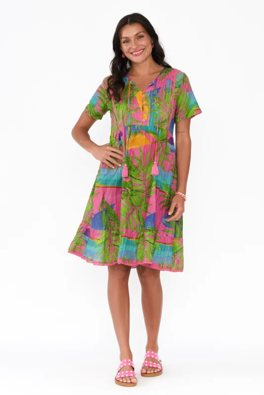 Marisol Pink Tropical Crinkle Cotton Dress sold by Blue Bungalow