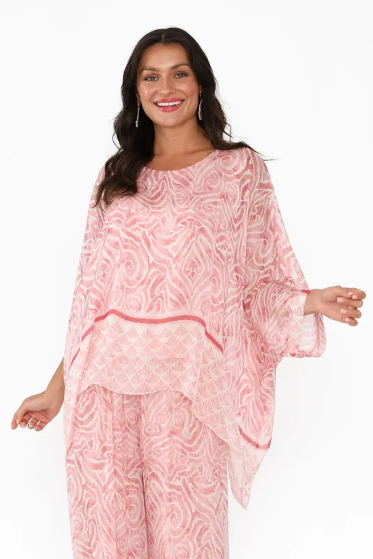 Trevino Pink Abstract Silk Overlay Top sold by Blue Bungalow