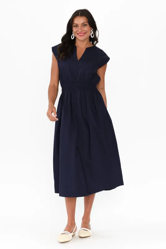 Nelly Navy Cotton Midi Dress sold by Blue Bungalow