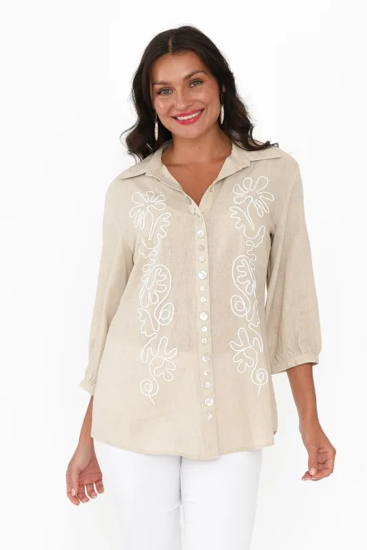 Monica Natural Floral Embroidered Shirt sold by Blue Bungalow