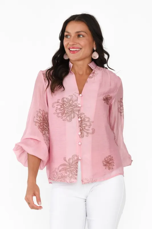 Delaney Pink Garden Puff Sleeve Blouse sold by Blue Bungalow