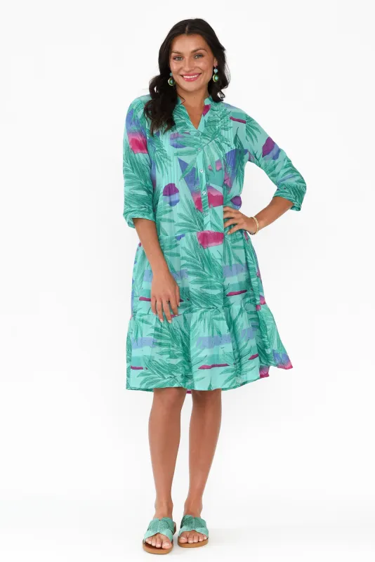Larissa Aqua Tropical Cotton Pleated Dress sold by Blue Bungalow