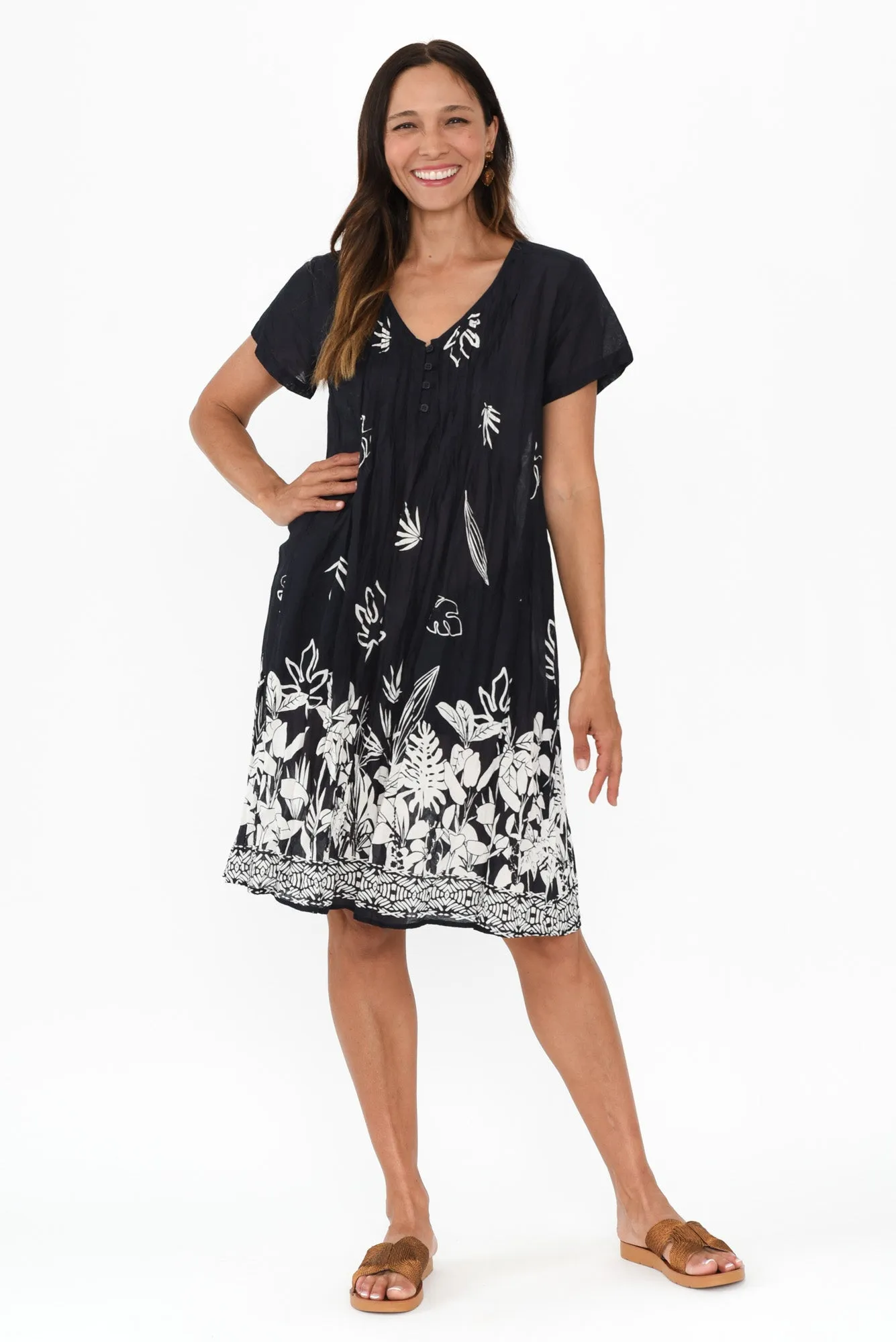 Sabina Navy Botanical Crinkle Cotton Dress sold by Blue Bungalow product image thumbnail 2