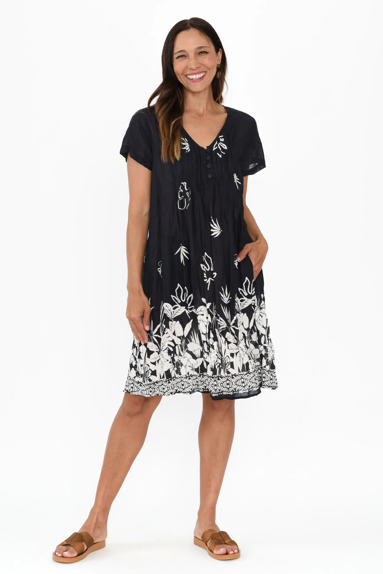 Sabina Navy Botanical Crinkle Cotton Dress sold by Blue Bungalow