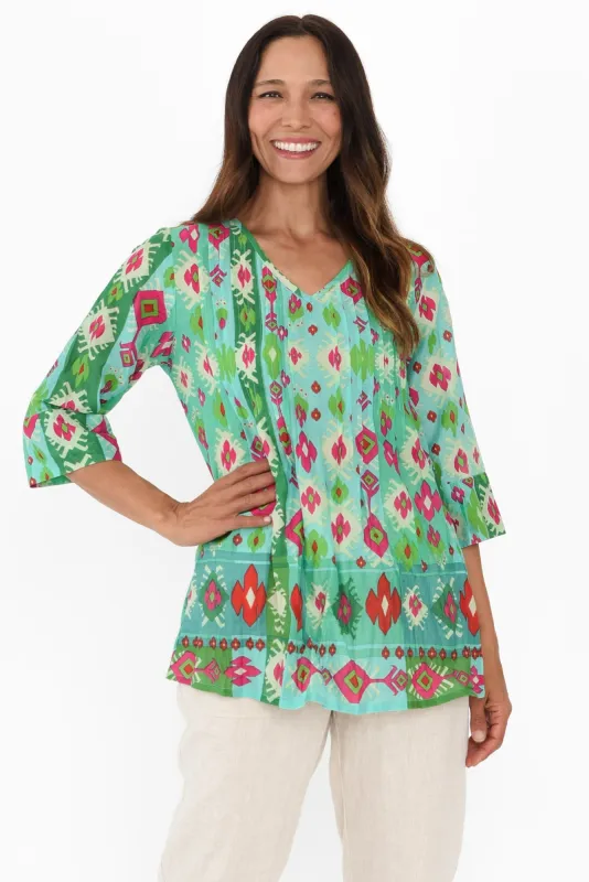 Fia Aqua Geo Sleeved Crinkle Cotton Top sold by Blue Bungalow