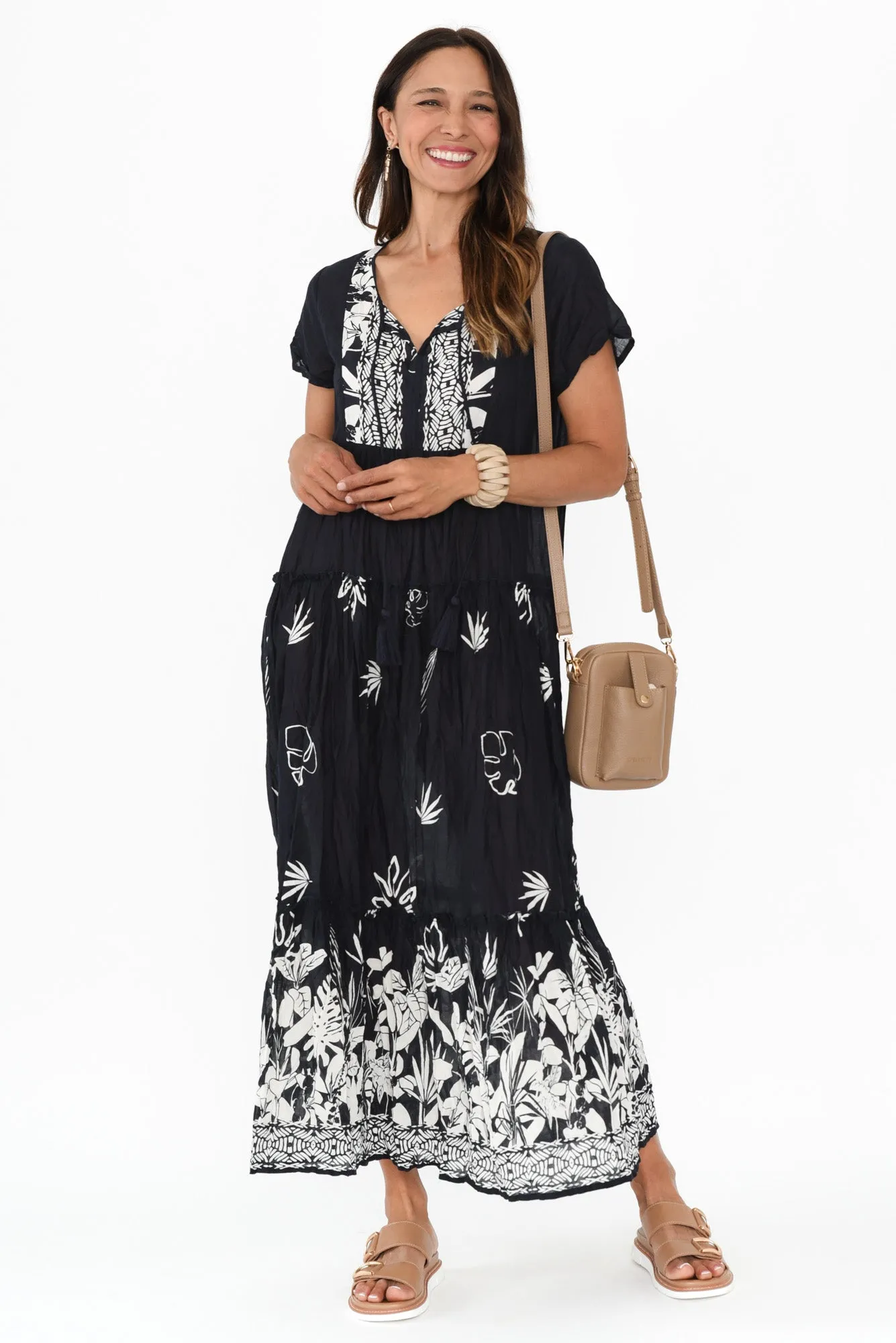 Nona Navy Botanical Crinkle Cotton Maxi Dress sold by Blue Bungalow