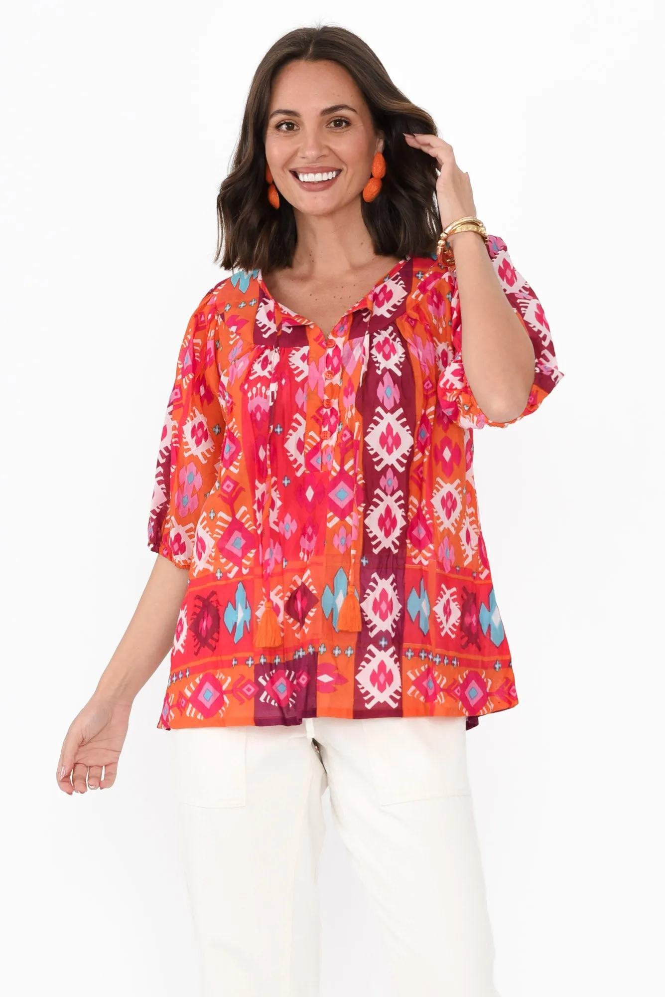 Claris Red Geo Crinkle Cotton Top sold by Blue Bungalow