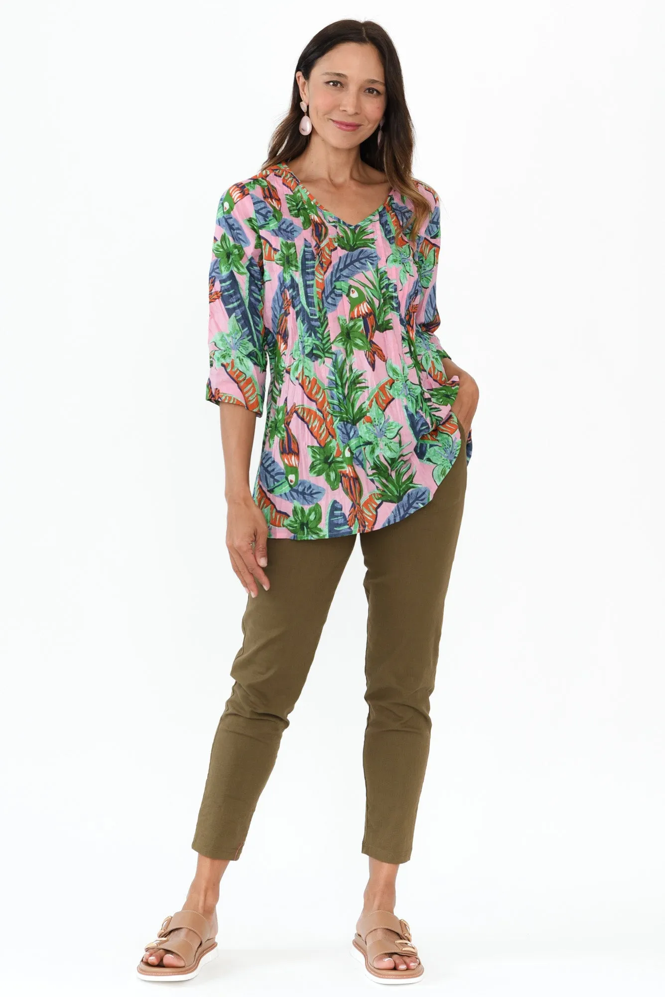 Fia Pink Tropical Sleeved Crinkle Cotton Top sold by Blue Bungalow product image thumbnail 2