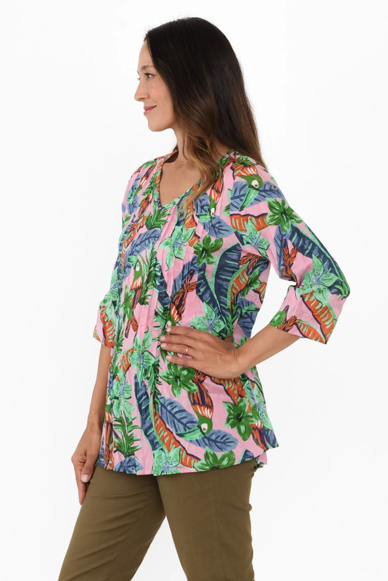 Fia Pink Tropical Sleeved Crinkle Cotton Top sold by Blue Bungalow product image thumbnail 3