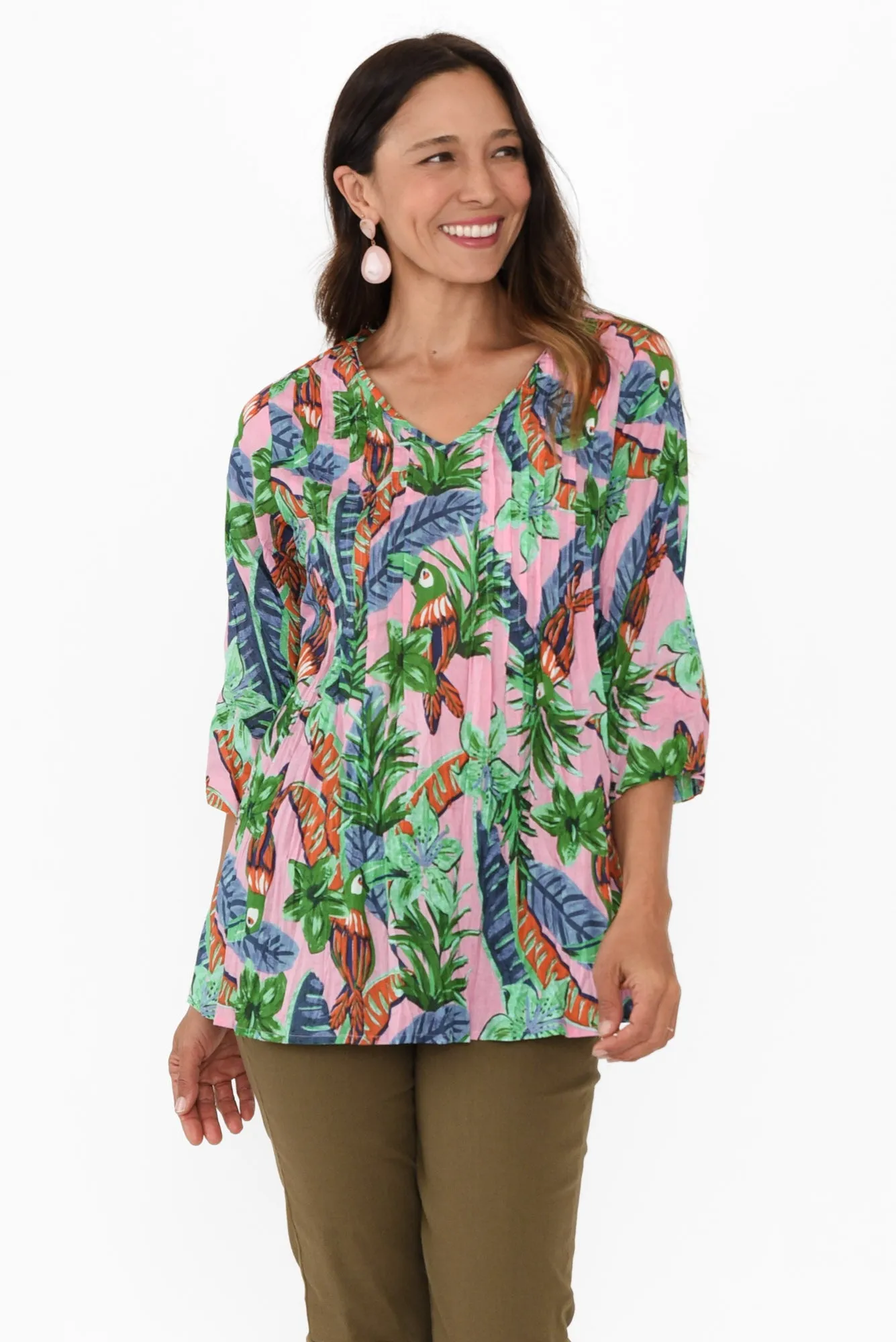 Fia Pink Tropical Sleeved Crinkle Cotton Top sold by Blue Bungalow