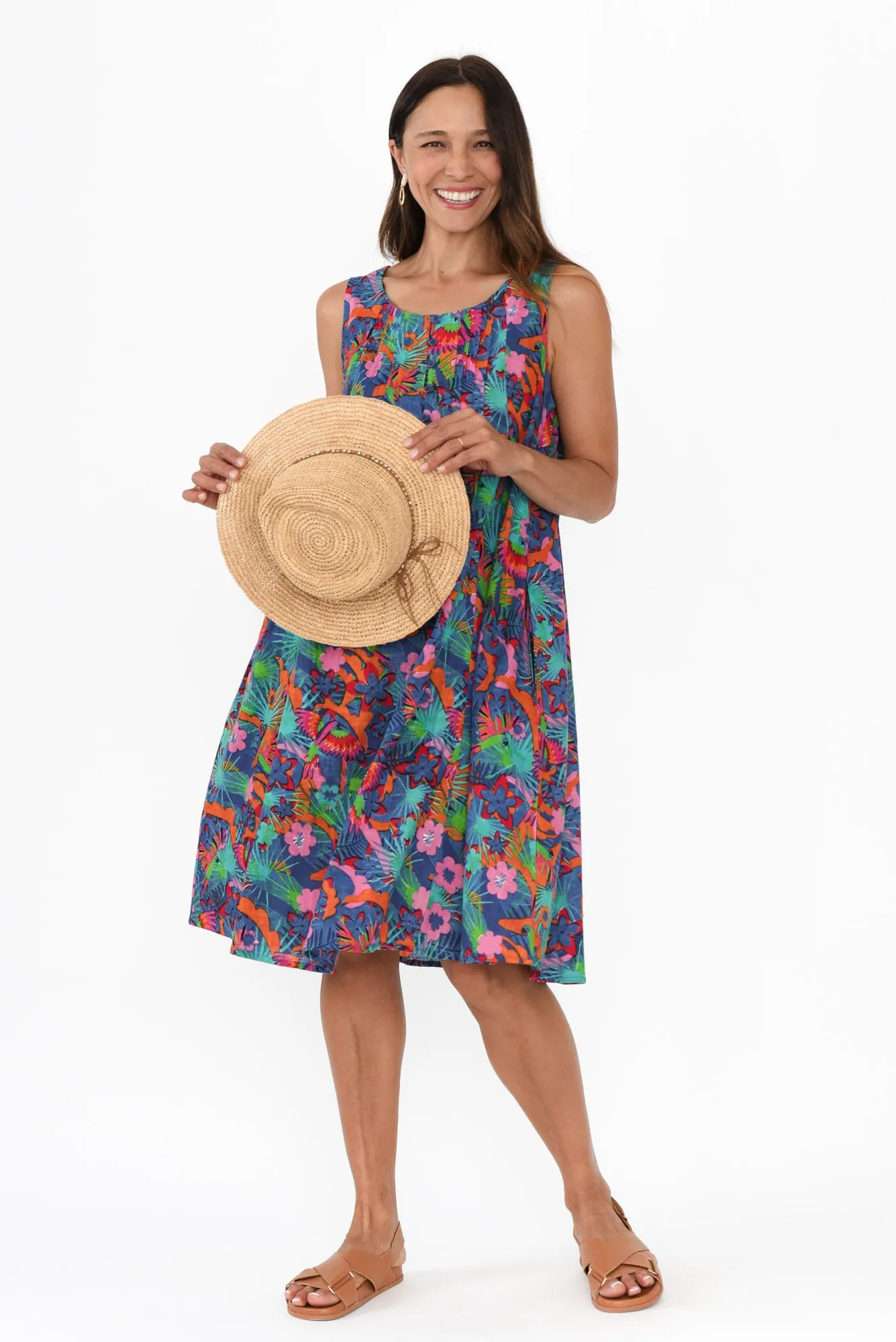 Enya Aqua Flower Crinkle Cotton Dress sold by Blue Bungalow